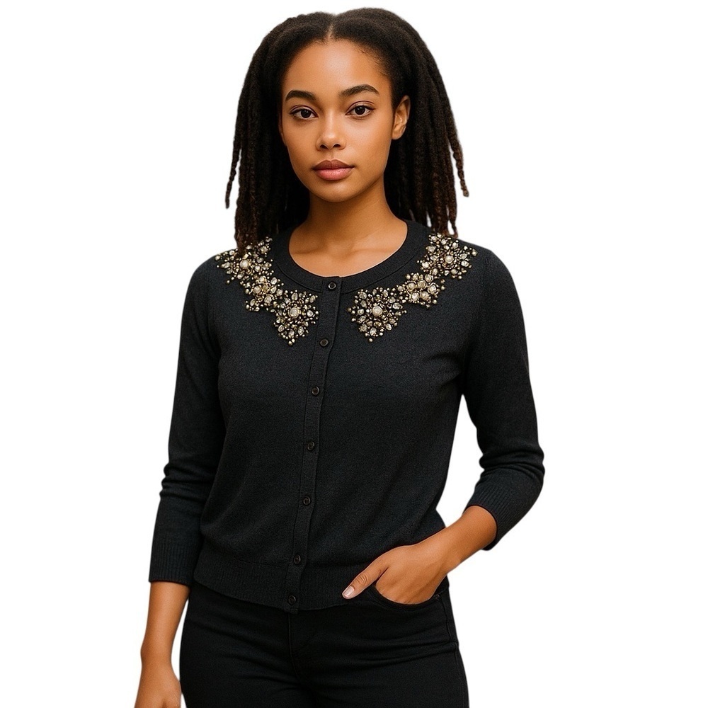 LOFT Black Cardigan with Stunning Gold Embellishments Charcoal SP Y2K